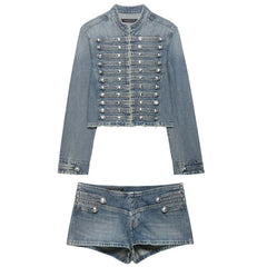 Model Casting Frogging Denim Jacket & Shorts Set
