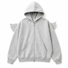 Grey Y2K Angel Wings Zip-Up Hoodie