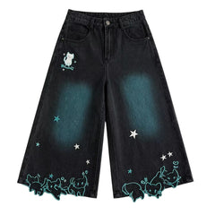 Cat Print Denim Shorts