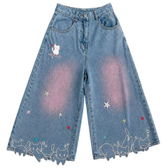 Cat Print Denim Shorts