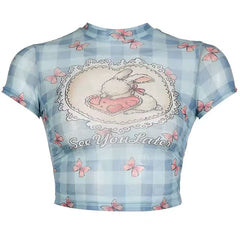 Cute Bunny Print Mesh Top