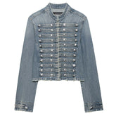 Model Casting Frogging Denim Jacket & Shorts Set
