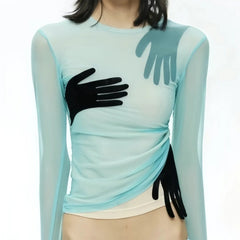 Sheer Hand Print Long Sleeve Top
