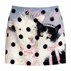 Y2K Cat Lamb Polka Dot Mini Skirt