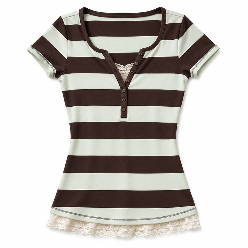 2000s Brown & Blue Striped Henley Top