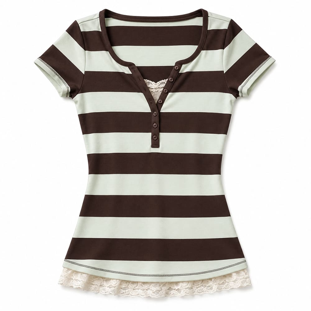 2000s Brown & Blue Striped Henley Top