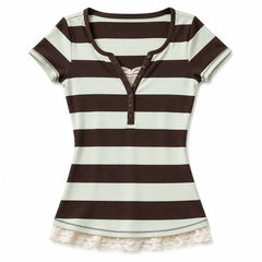 2000s Brown & Blue Striped Henley Top