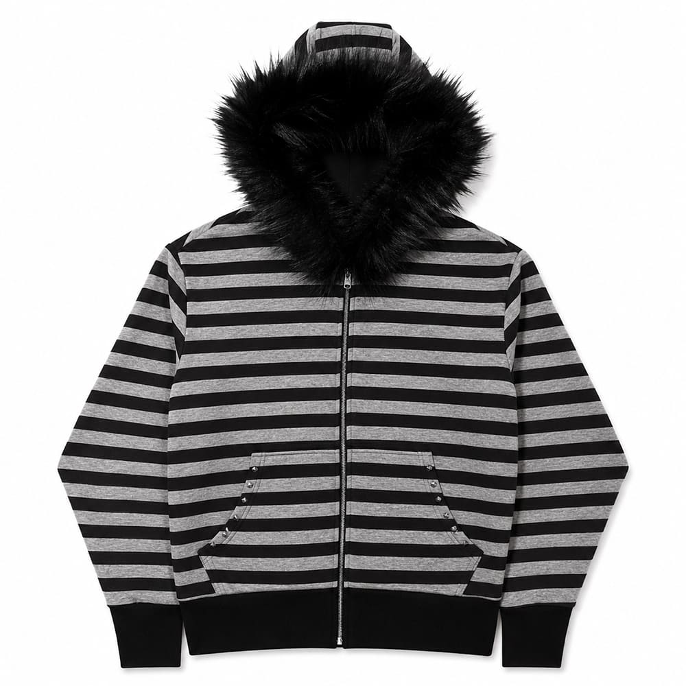 2000s Striped Faux Fur Zip-Up Hoodie