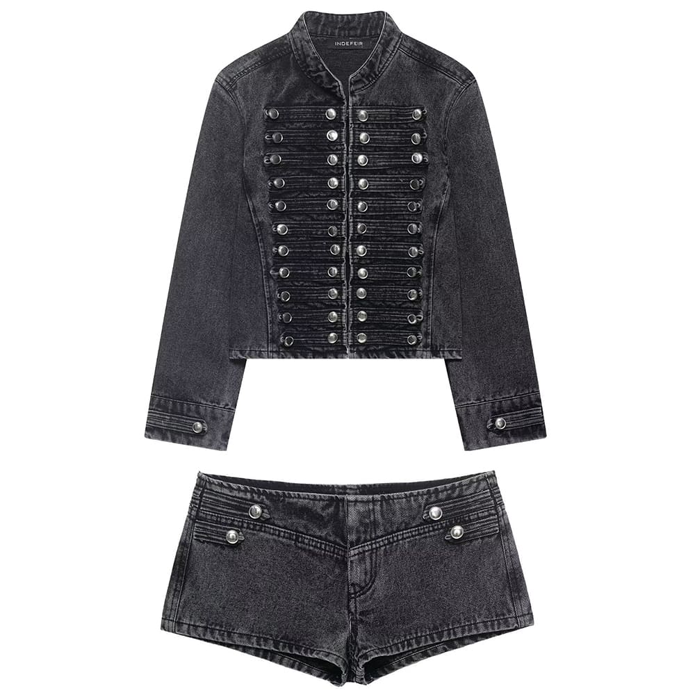Model Casting Frogging Denim Jacket & Shorts Set