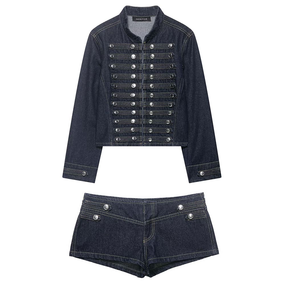 Model Casting Frogging Denim Jacket & Shorts Set