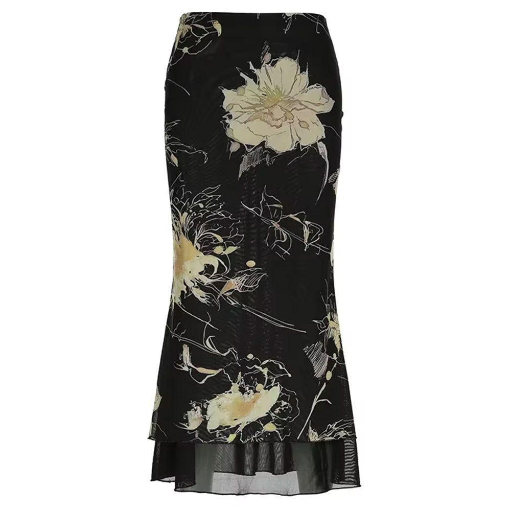 Midnight Bloom Mesh Midi Skirt