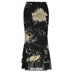 Midnight Bloom Mesh Midi Skirt