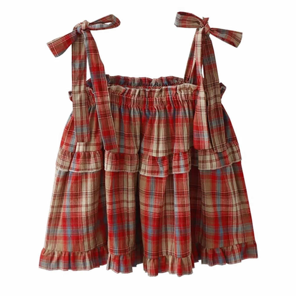 Grandma Aesthetic Plaid Bow-Tie Top