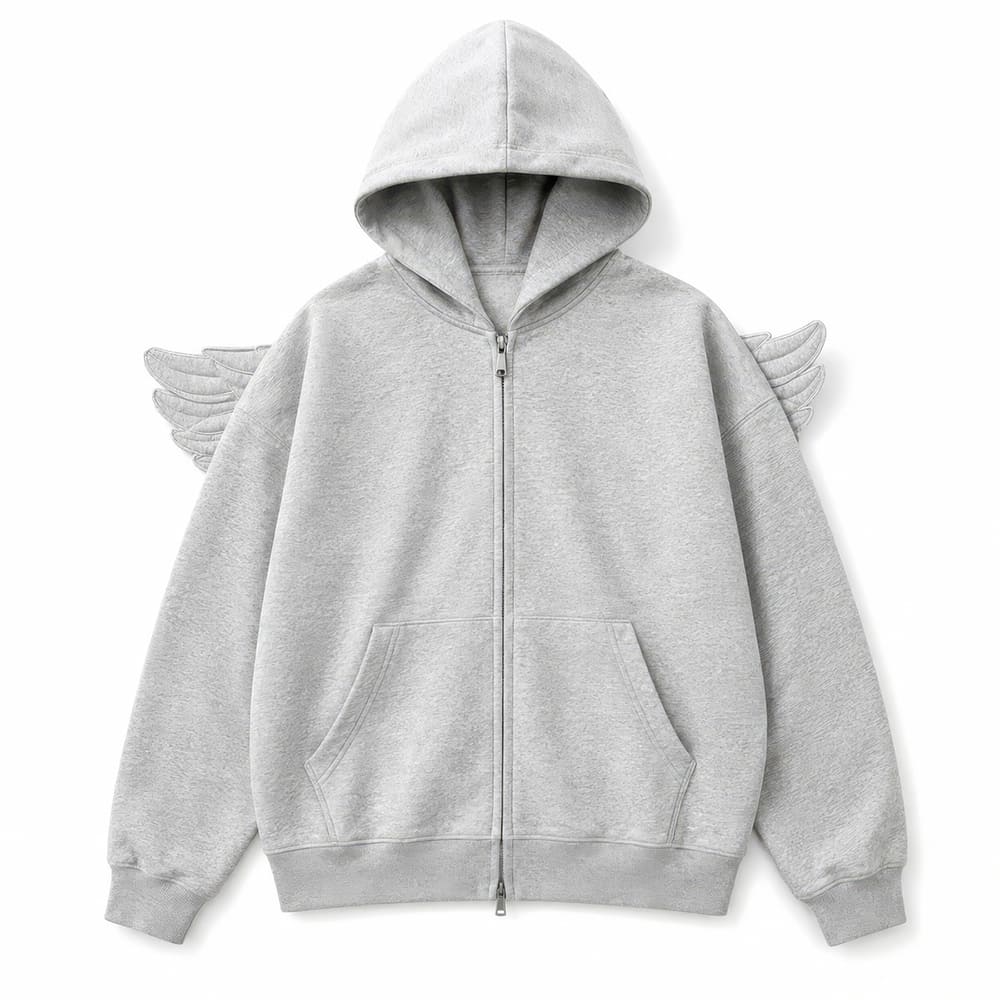 Grey Y2K Angel Wings Zip-Up Hoodie
