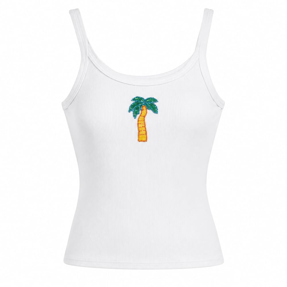 Beaded Palm Tree Ribbed Tank Top