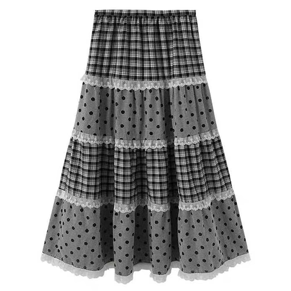 Black White Polka Dot Gingham Maxi Skirt