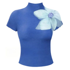Blue Flower Print Mesh Top