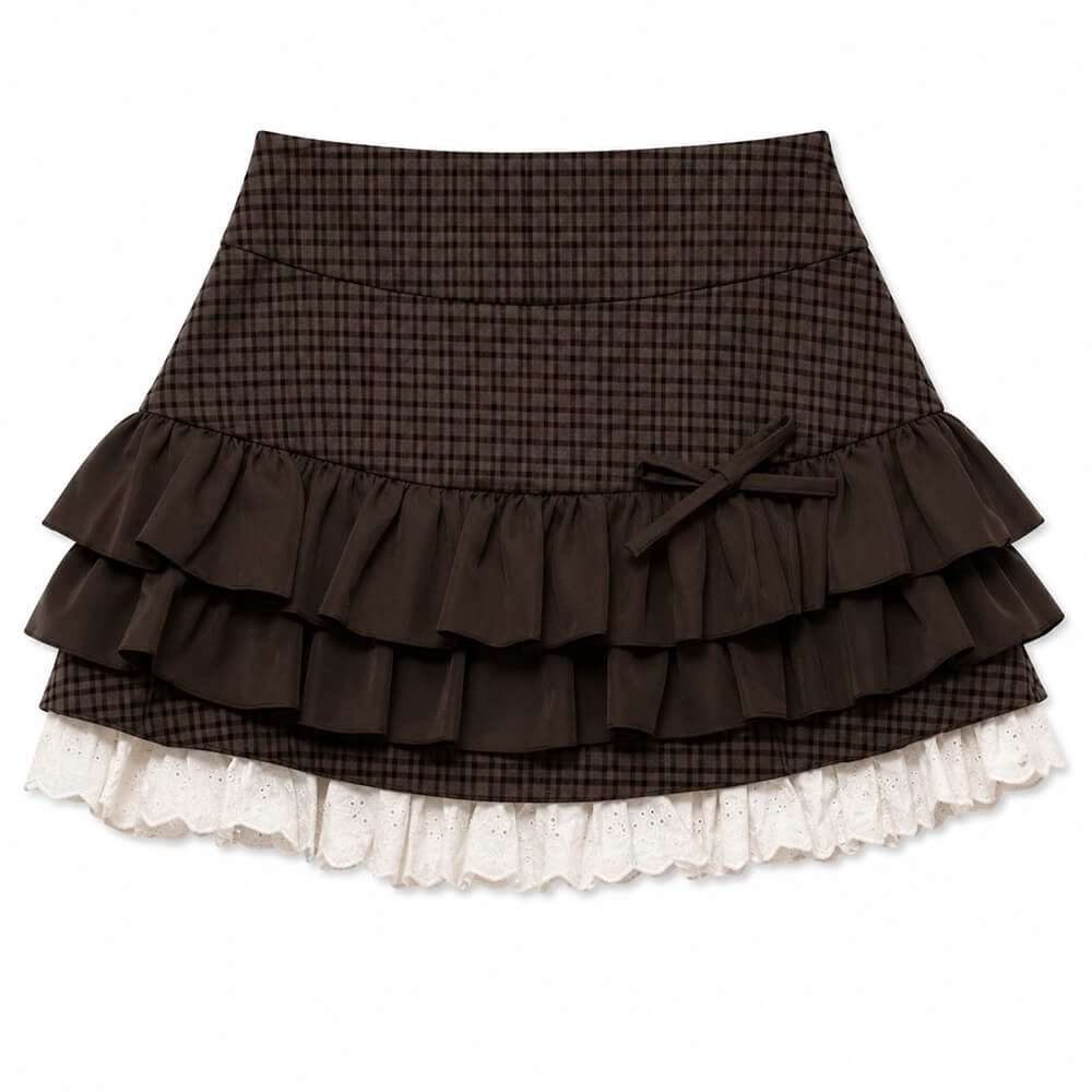 Library Crush Brown Plaid Ruffle Mini Skirt
