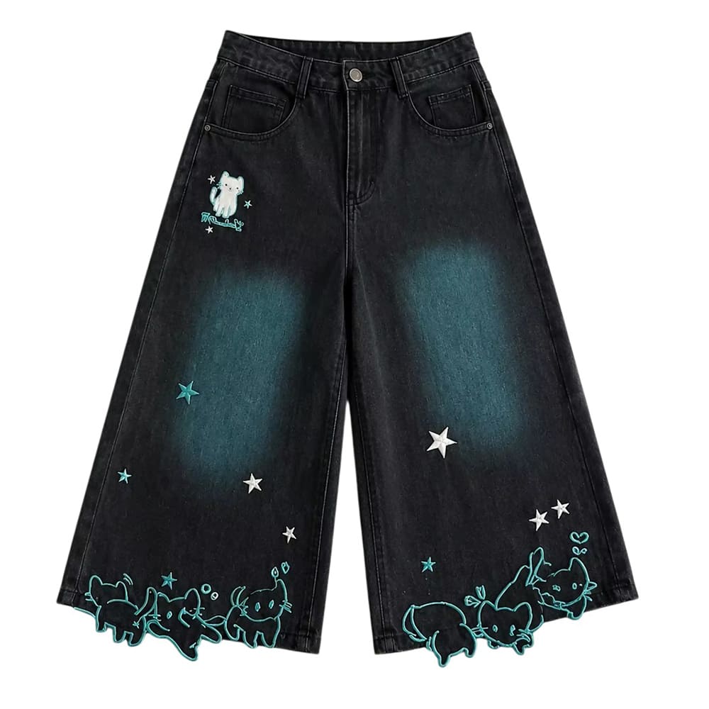 Cat Print Denim Shorts
