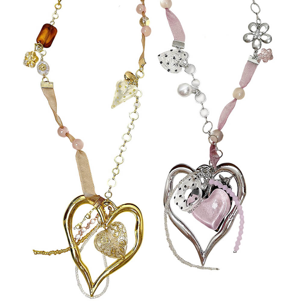 Coquette Heart Charm Beaded Necklace