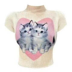 Coquette Two Kittens Print Top