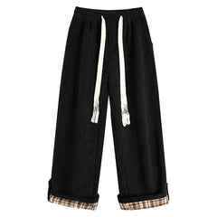 Cord Wide-Leg Pants with Plaid Cuffs