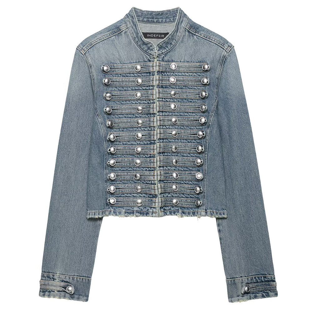 Model Casting Frogging Denim Jacket & Shorts Set