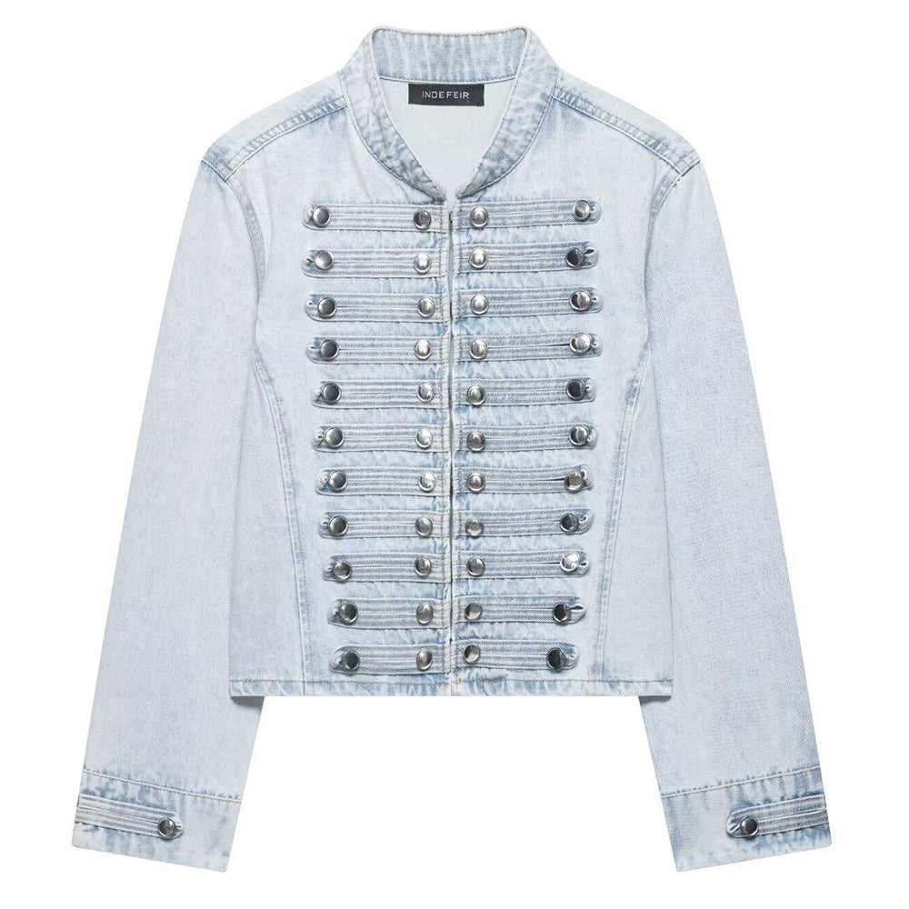 Model Casting Frogging Denim Jacket & Shorts Set
