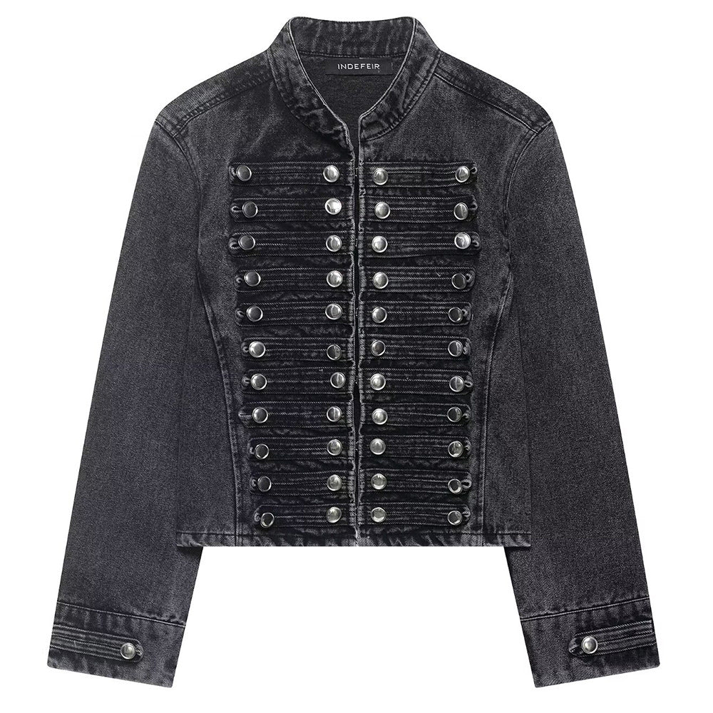 Model Casting Frogging Denim Jacket & Shorts Set