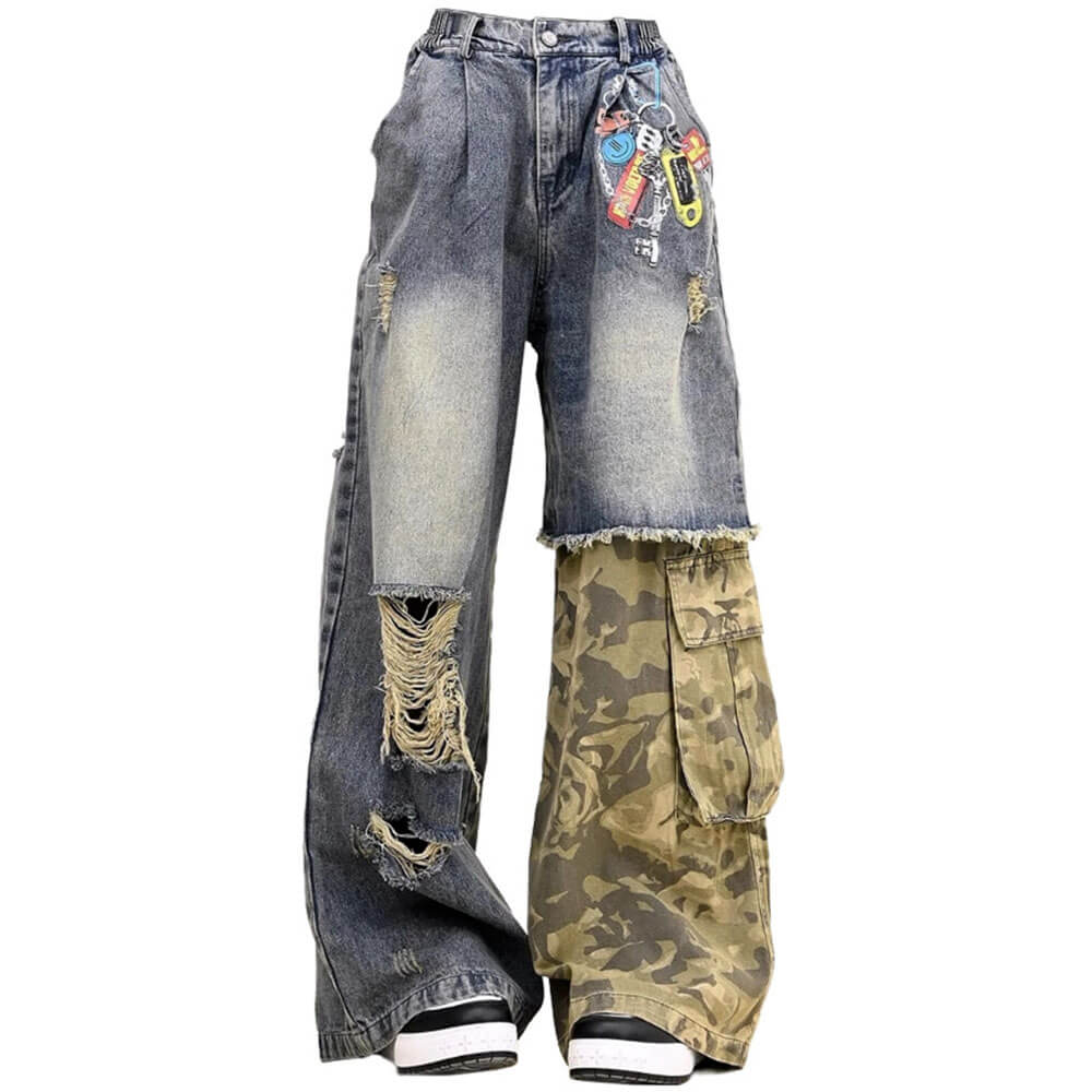Distressed Camouflage Patchwork Jeans