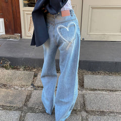 Heart Print Pocket Wide Leg Jeans