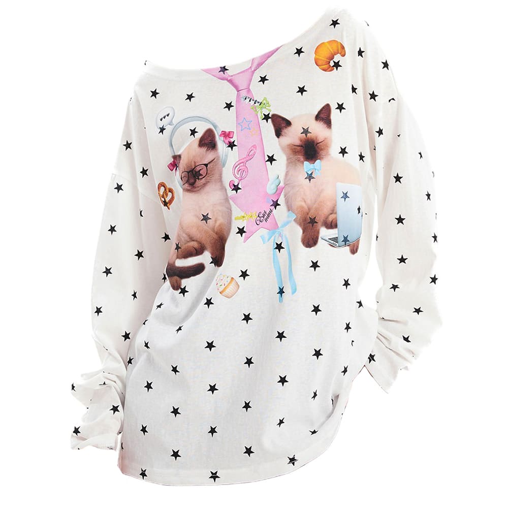Kitten Print Star Long Sleeve Top
