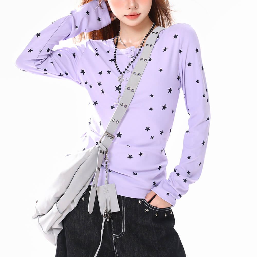 Lavender Star Print Henley Top