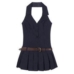 Pinstripe Halter Pleated Mini Dress