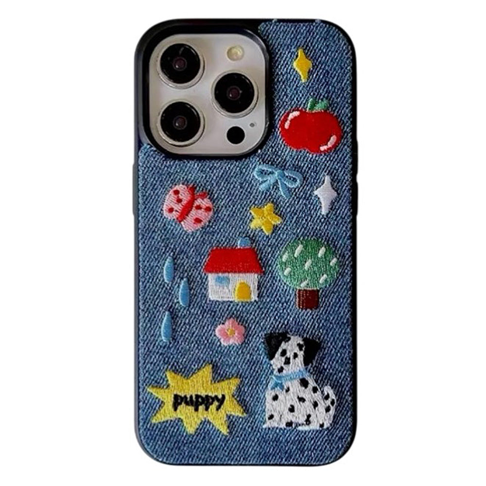 Puppy Embroidered Denim iPhone Case
