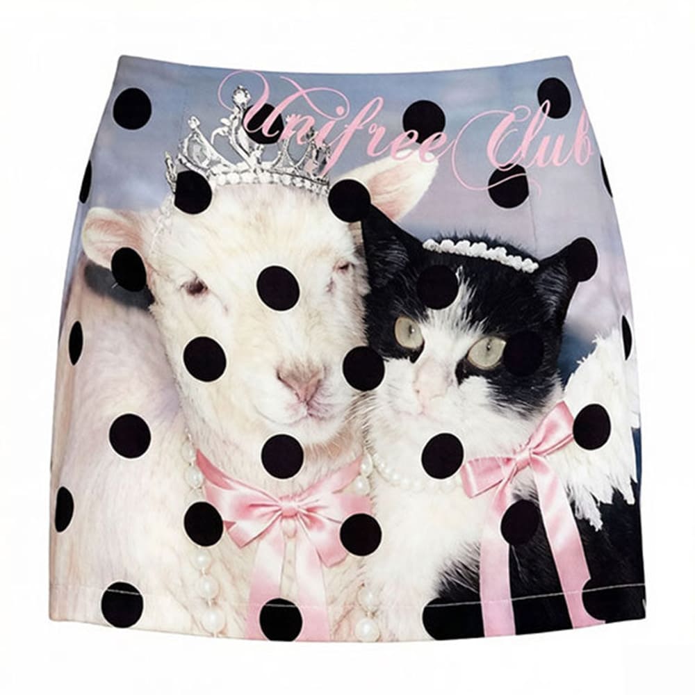 Y2K Cat Lamb Polka Dot Mini Skirt